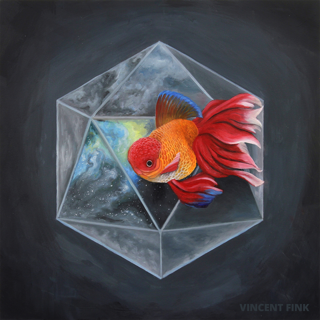 goldfish surrealism art with sacred geometry icosahedron painting operation fishbowl