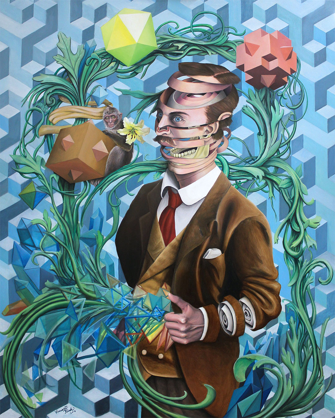 surrealism painting with sacred geometry and face unraveling