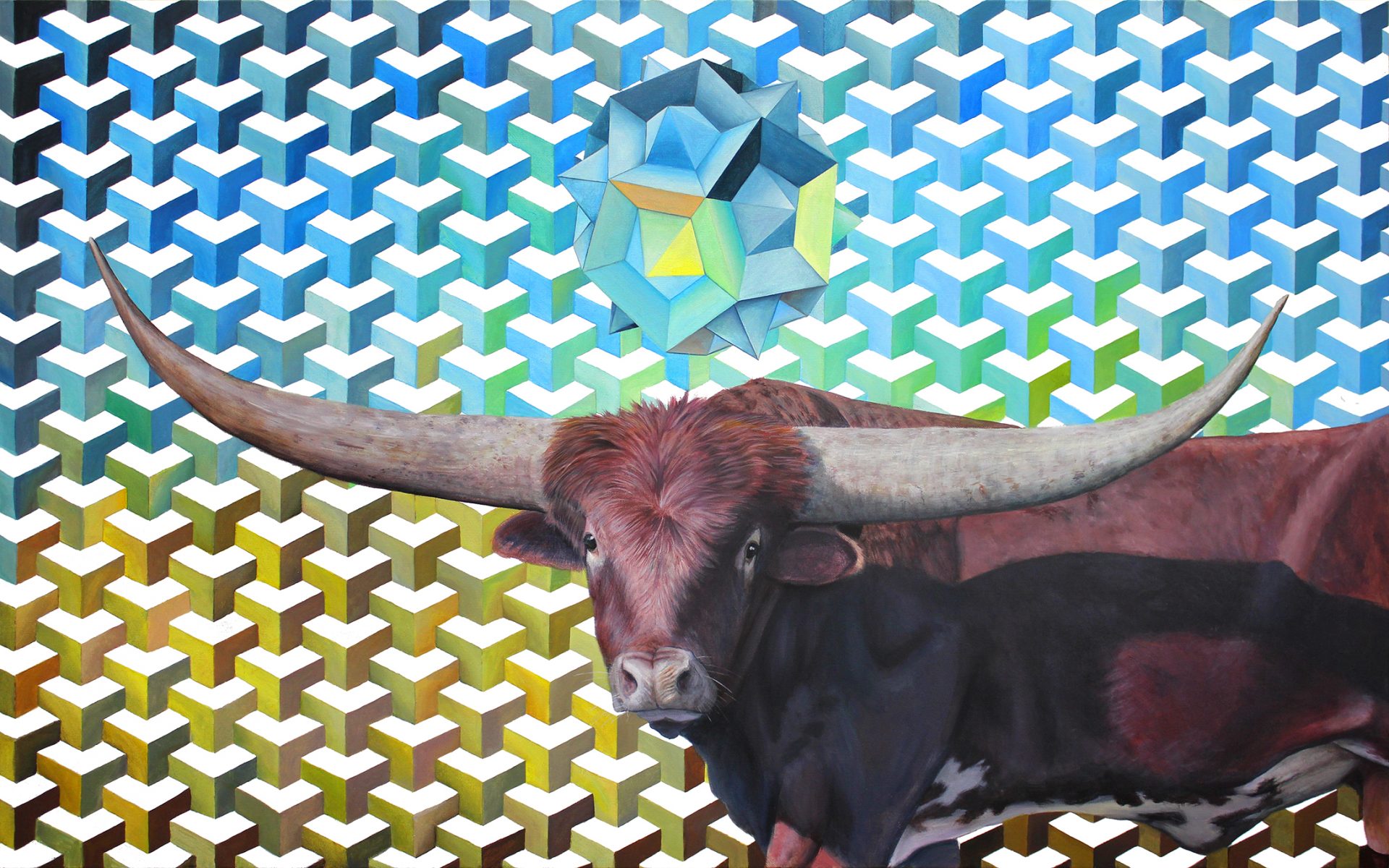 longhorn bull painting with sacred geometry, Texas wildlife art