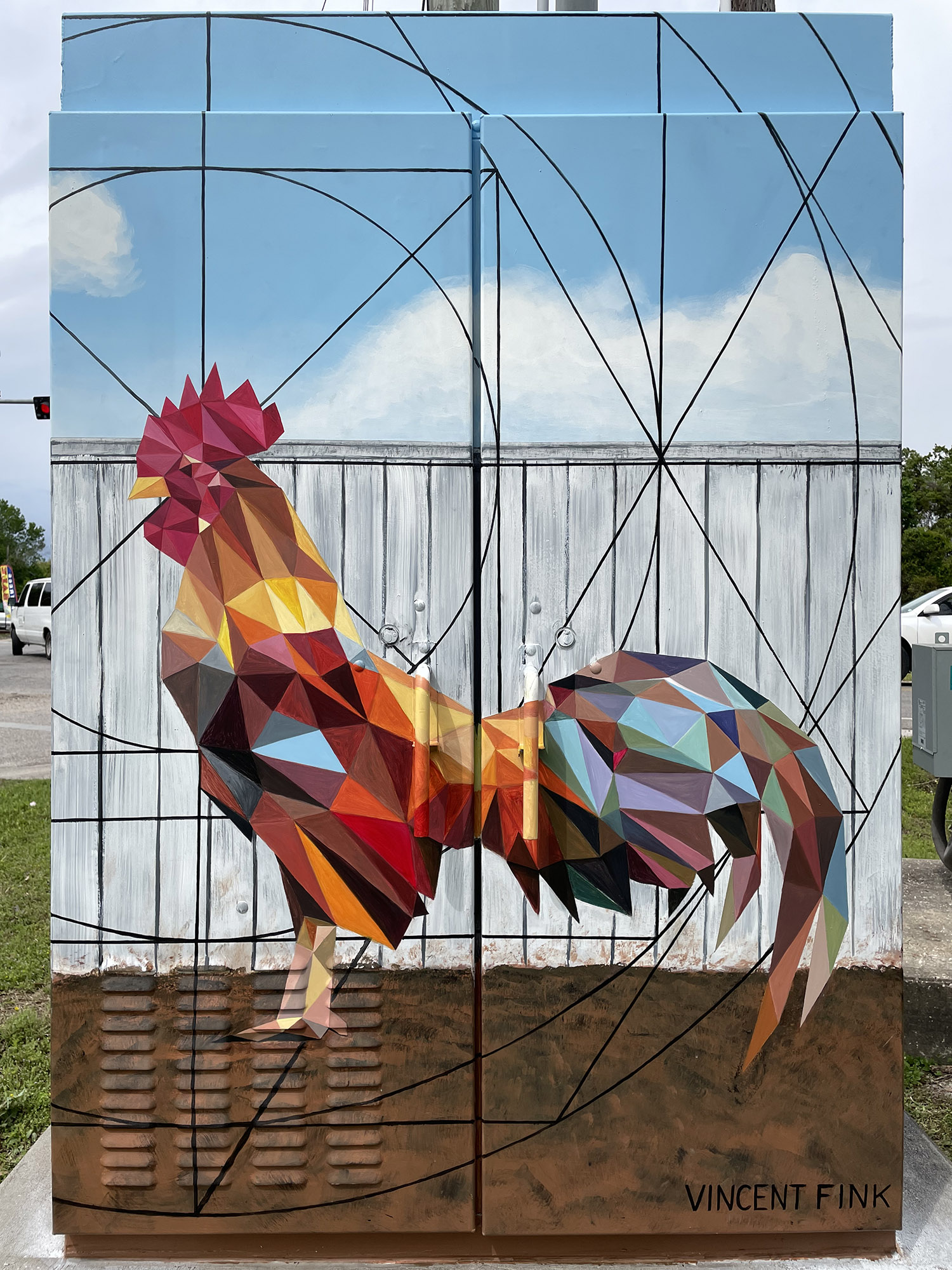 rooster mini mural sacred geometry cock fight street art houston artist surrealism electrical box geometric