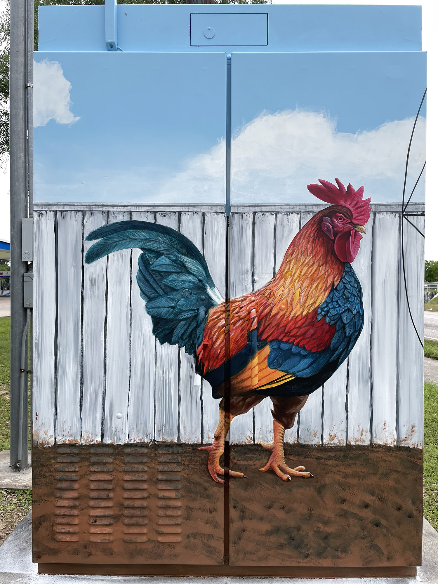 rooster mini mural sacred geometry big cock fight street art houston artist surrealism electrical box