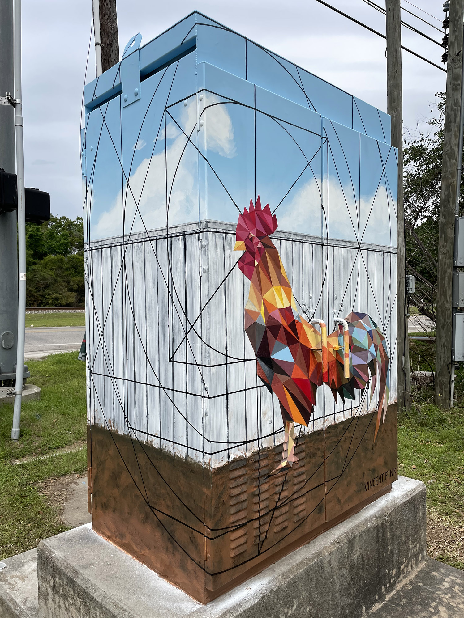 rooster mini mural sacred geometry cock fight street art houston artist surrealism electrical box