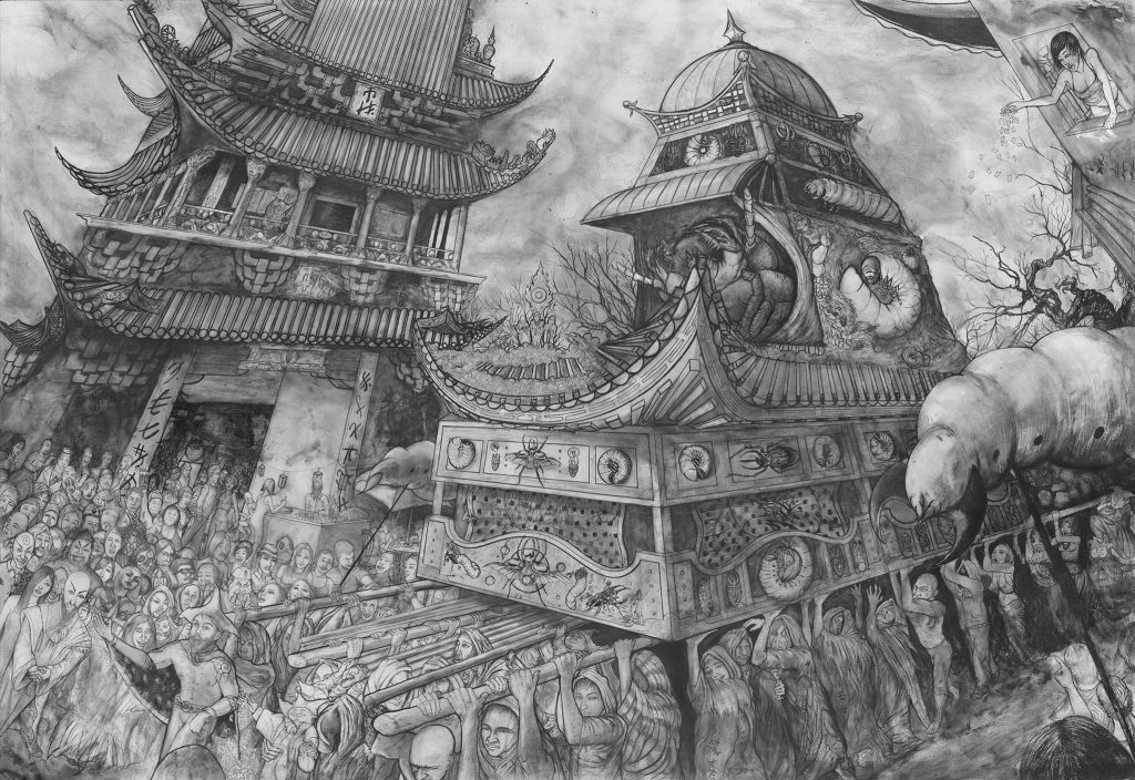 Atlas Metamorphosis Stage 2 of 4: Lord Worm, grayscale sumi ink 3-point perspective drawing with intricate details of ancient Chinese street crowd lifting palanquin in celebration of the beetle larva