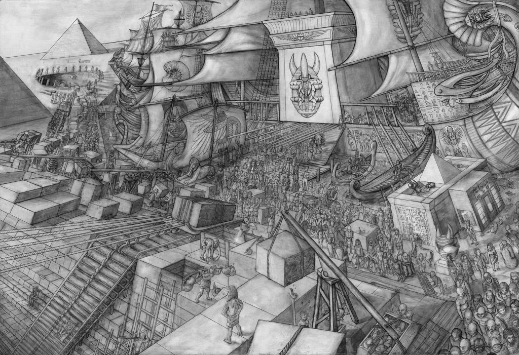 Atlas Metamorphosis Stage 3 of 4: King Pupa, grayscale sumi ink 3-point perspective drawing with intricate details of ancient Egyptian pyramid construction scene with large funeral barge holding tomb being lifted off by slave crowd amongst the gods