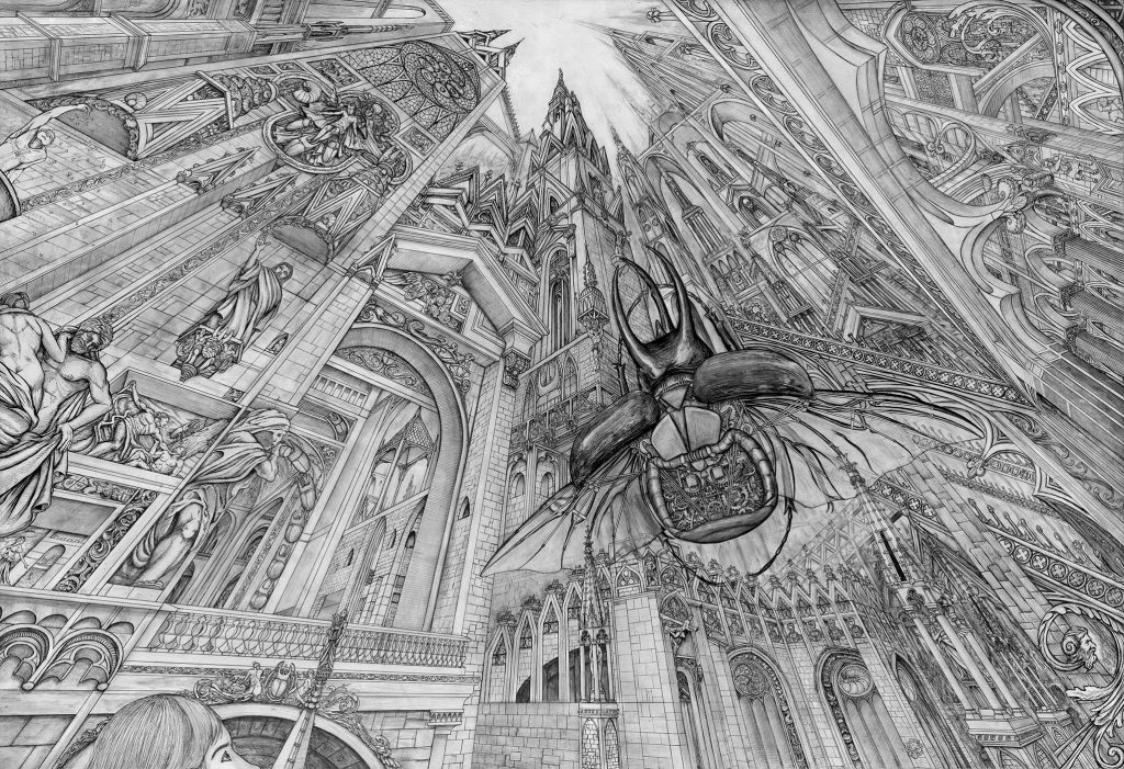 Atlas Metamorphosis Stage 4 of 4: God Beetle, grayscale sumi ink 3-point perspective drawing with intricate details of Medieval architecture, cathedrals and Renaissance Era DaVinci flying machine lifting beetle to the sky.