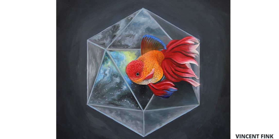 surrealism painting of goldfish in icosahedal fishbowl firmament hologram